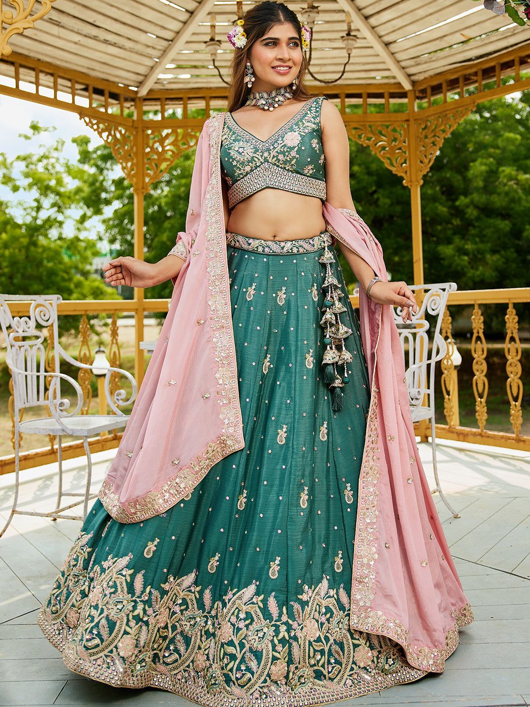 Teal - Chinnon Sequinse embroidery Lehenga choli & Dupatta