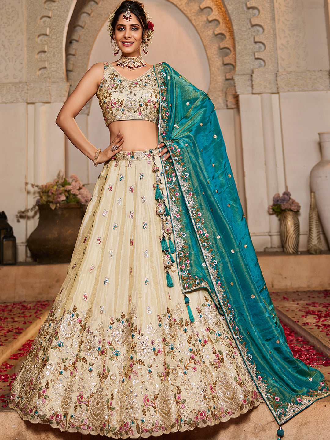 Teal - Tissue Sequinse embroidery Lehenga choli & Dupatta