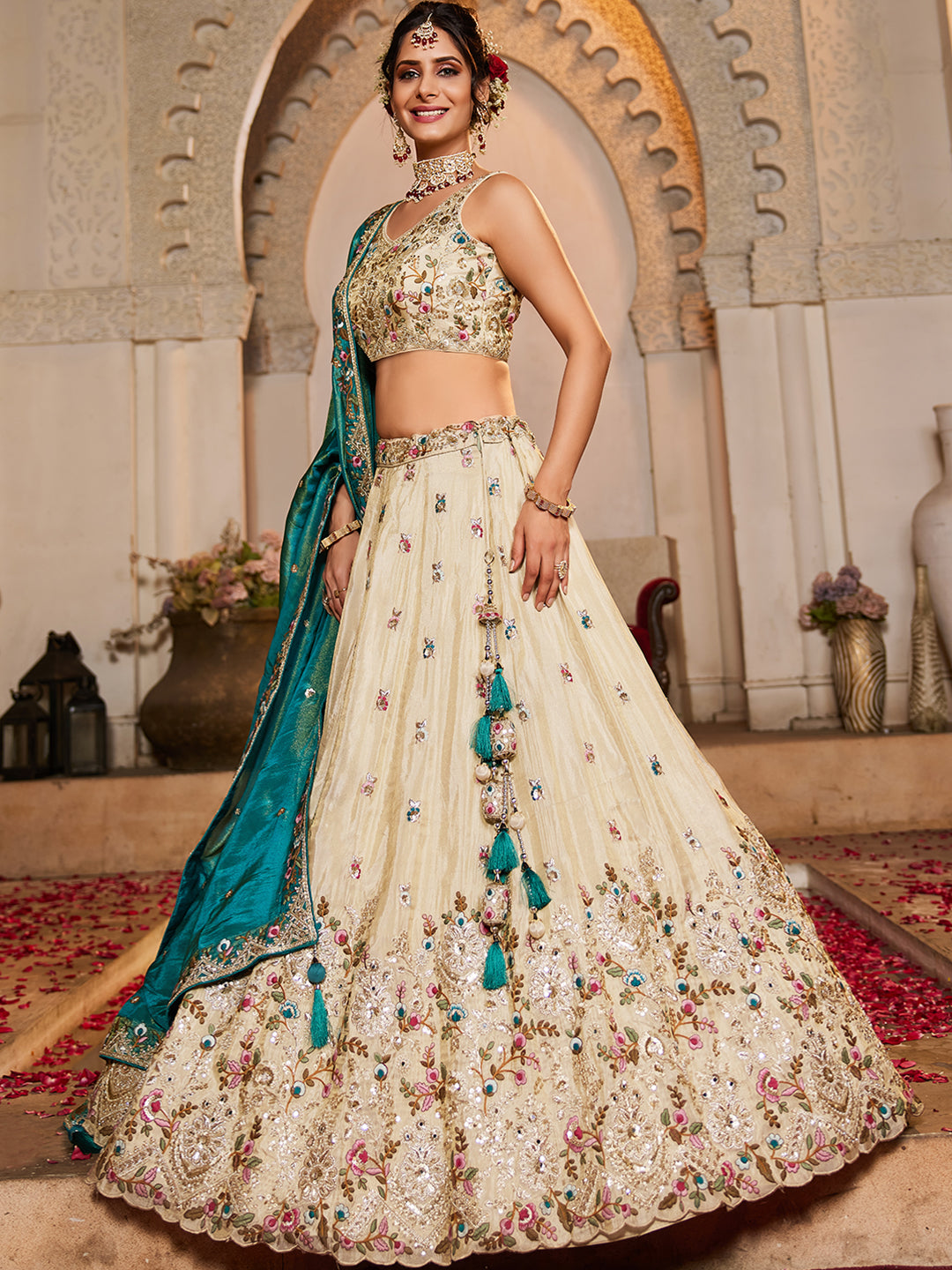Teal - Tissue Sequinse embroidery Lehenga choli & Dupatta