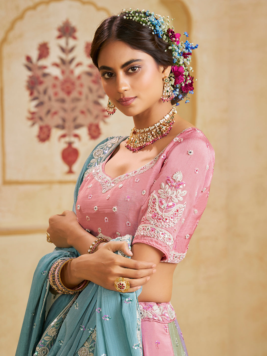 Turquoise Blue Color Poly Chiffon Fabric Sequins embroidery Lehenga choli & Dupatta - qivii