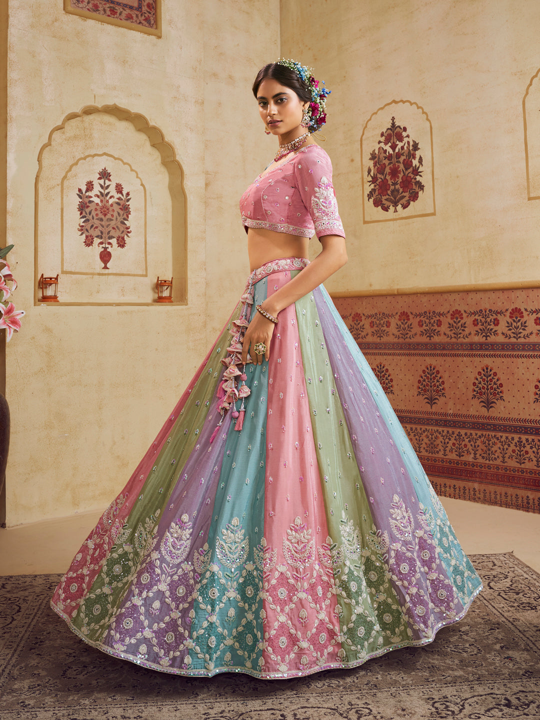 Turquoise Blue Color Poly Chiffon Fabric Sequins embroidery Lehenga choli & Dupatta - qivii