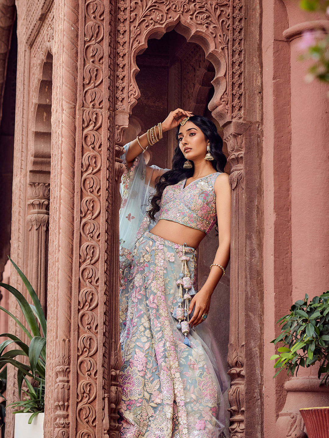 TURQUOISE BLUE - Net Fabric Sequins embroidery Lehenga & Unstitched Blouse With Dupatta