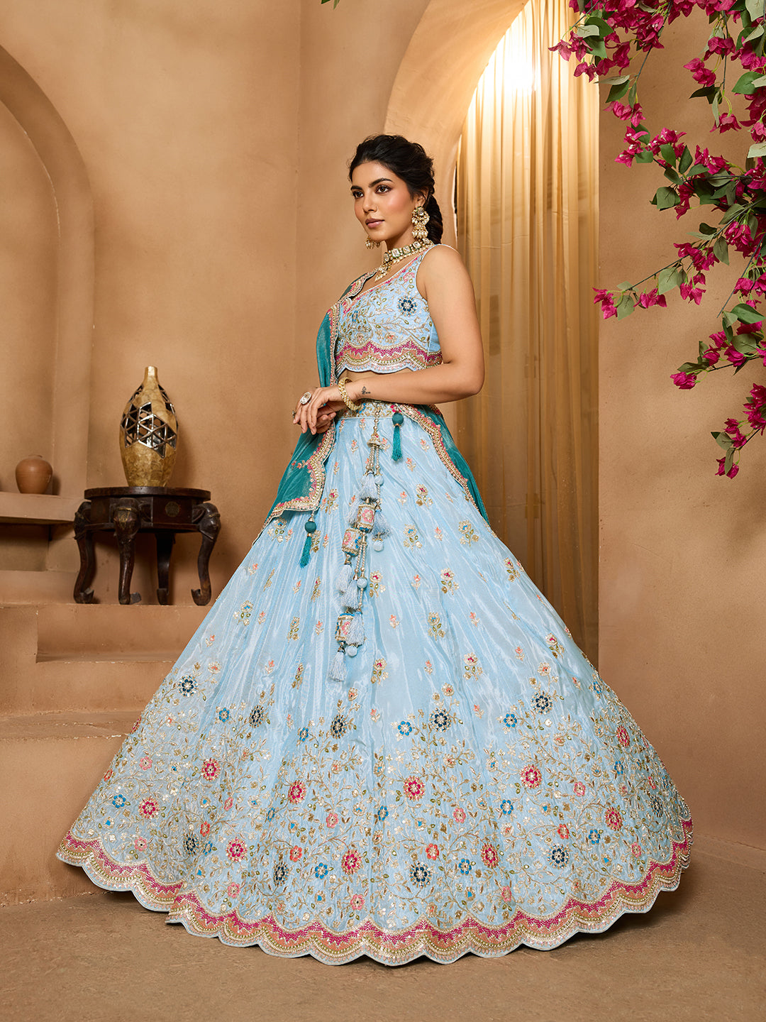 Turquoiseblue- Tissue Fabric Sequins embroidery Semi-Stitched Lehenga & Unstitched Blouse With Dupatta - qivii