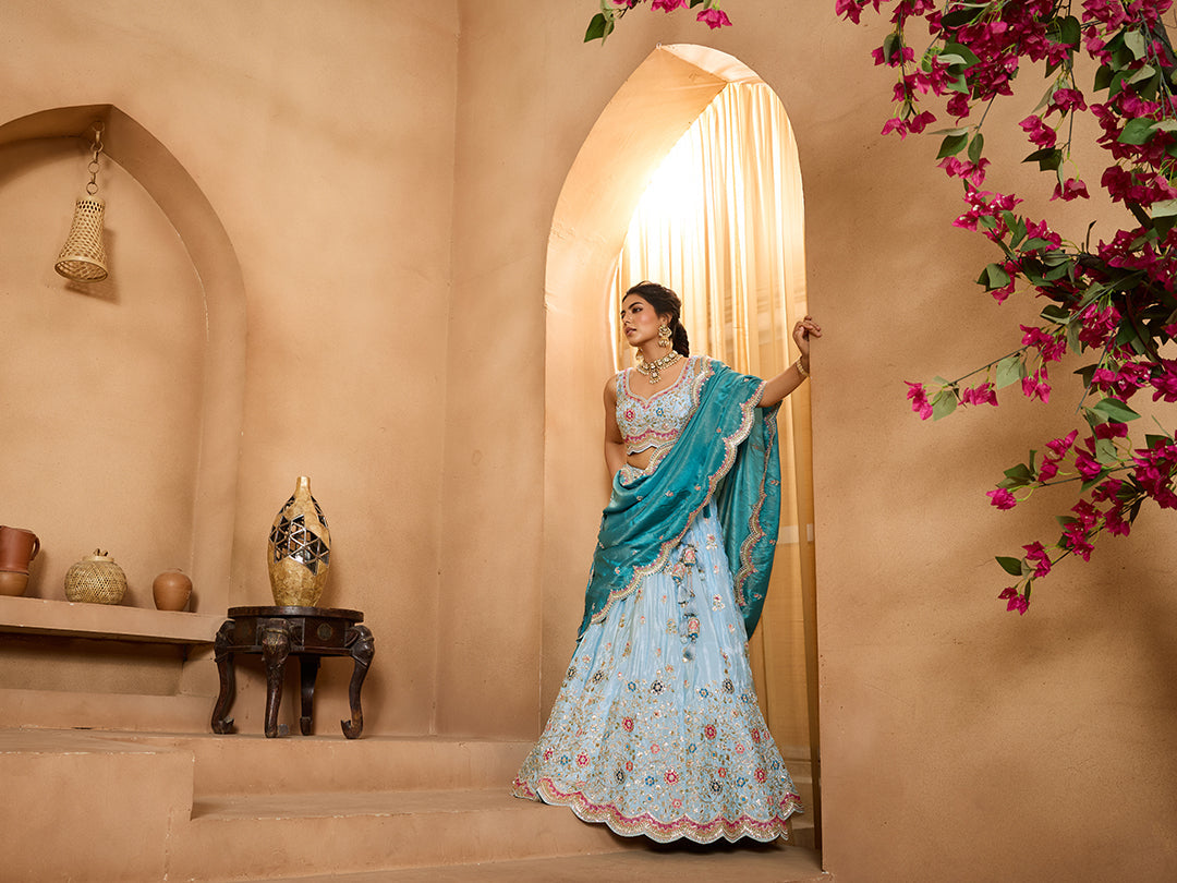 Turquoiseblue- Tissue Fabric Sequins embroidery Semi-Stitched Lehenga & Unstitched Blouse With Dupatta - qivii