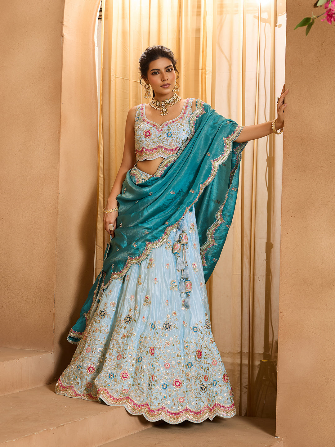 Turquoiseblue- Tissue Fabric Sequins embroidery Semi-Stitched Lehenga & Unstitched Blouse With Dupatta - qivii