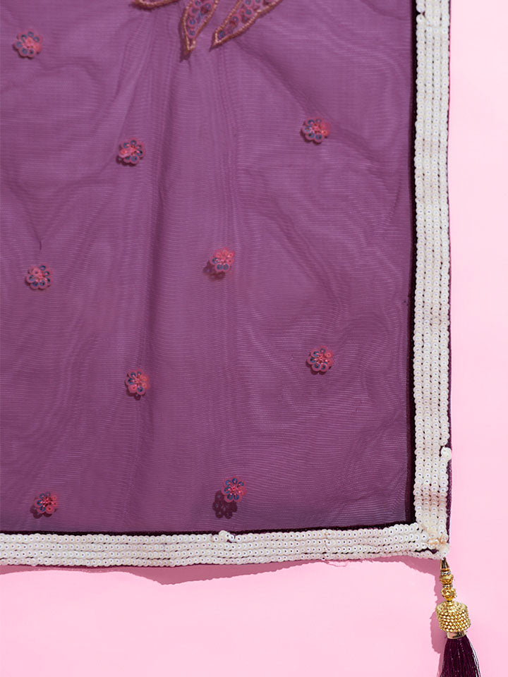 Burgundy - Net Multi-Sequins Work Semi-Stitched Lehenga - qivii
