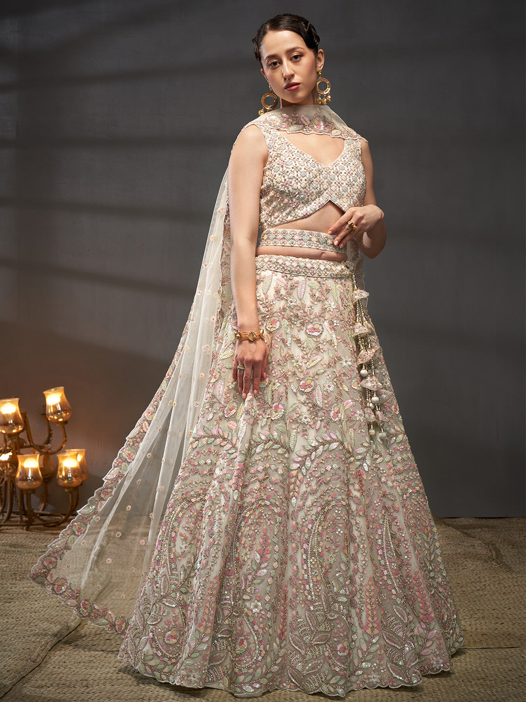 Cream - Multi Sequins Heavy Zarkan Net Embroidered Semi-Stitched Bridal Lehenga choli - qivii