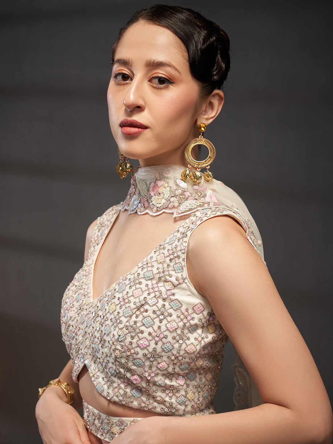 Cream - Multi Sequins Heavy Zarkan Net Embroidered Semi-Stitched Bridal Lehenga choli - qivii