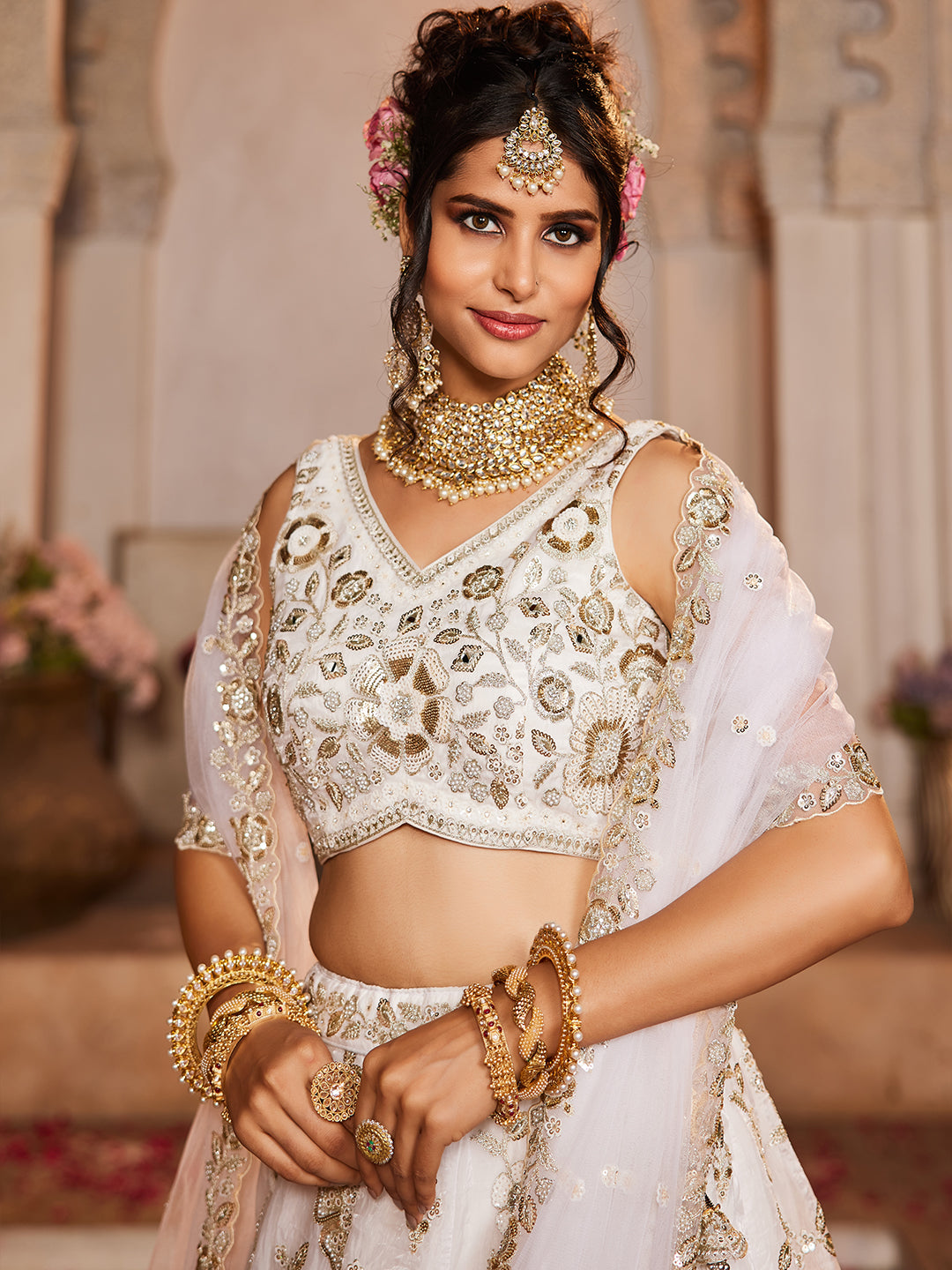 OFFWHITE - Tissue Fabric Sequins embroidery Semi-Stitched Lehenga choli & Dupatta - qivii