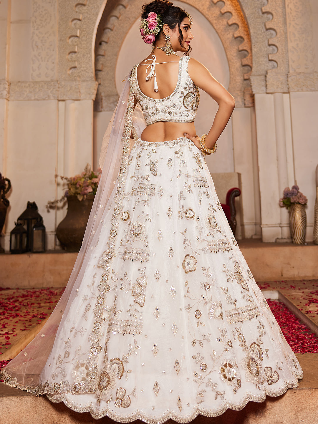 OFFWHITE - Tissue Fabric Sequins embroidery Semi-Stitched Lehenga choli & Dupatta - qivii