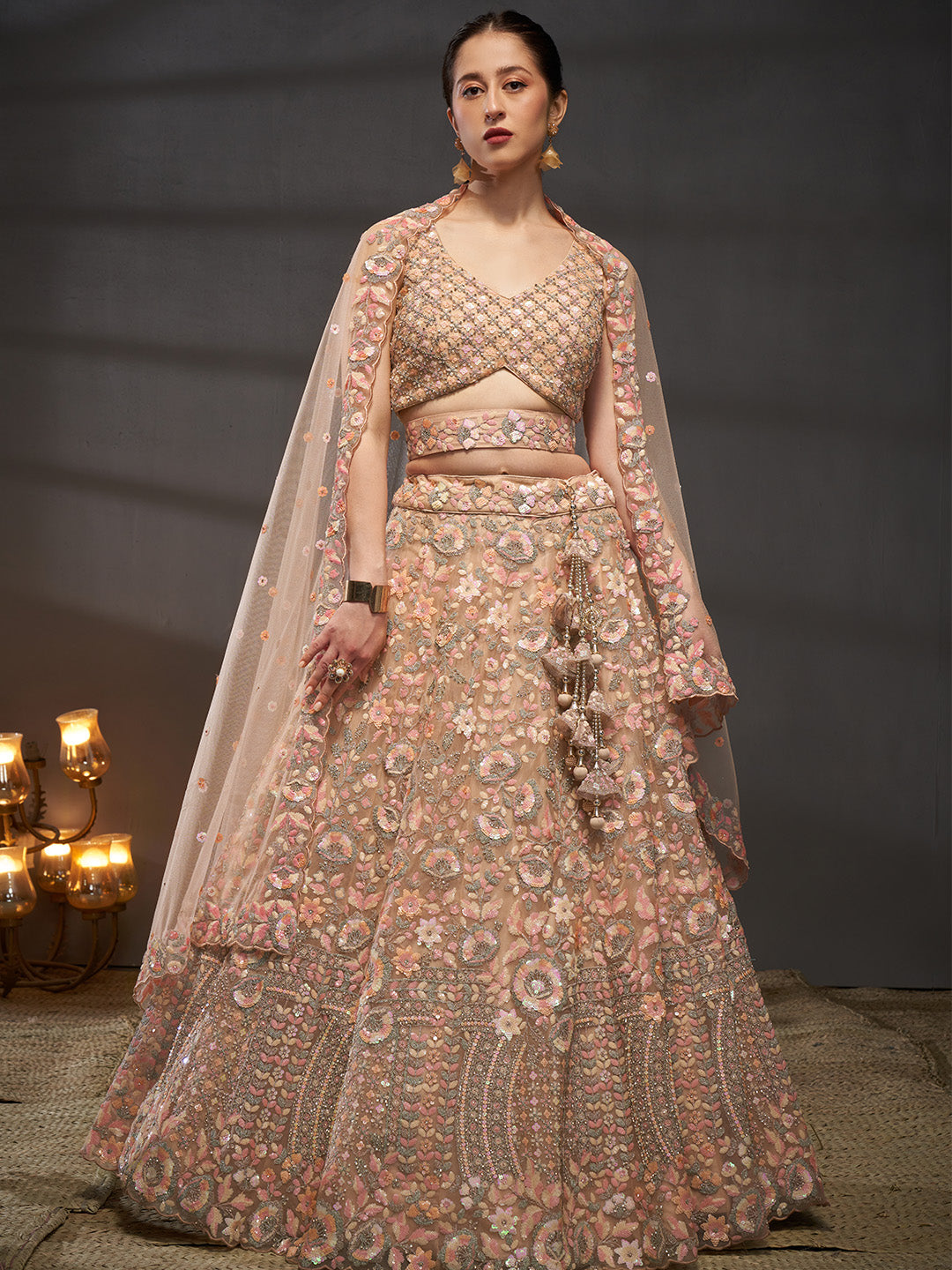 Peach - Multi Sequins Embroidered Net Semi-Stitched Bridal Lehenga choli - qivii