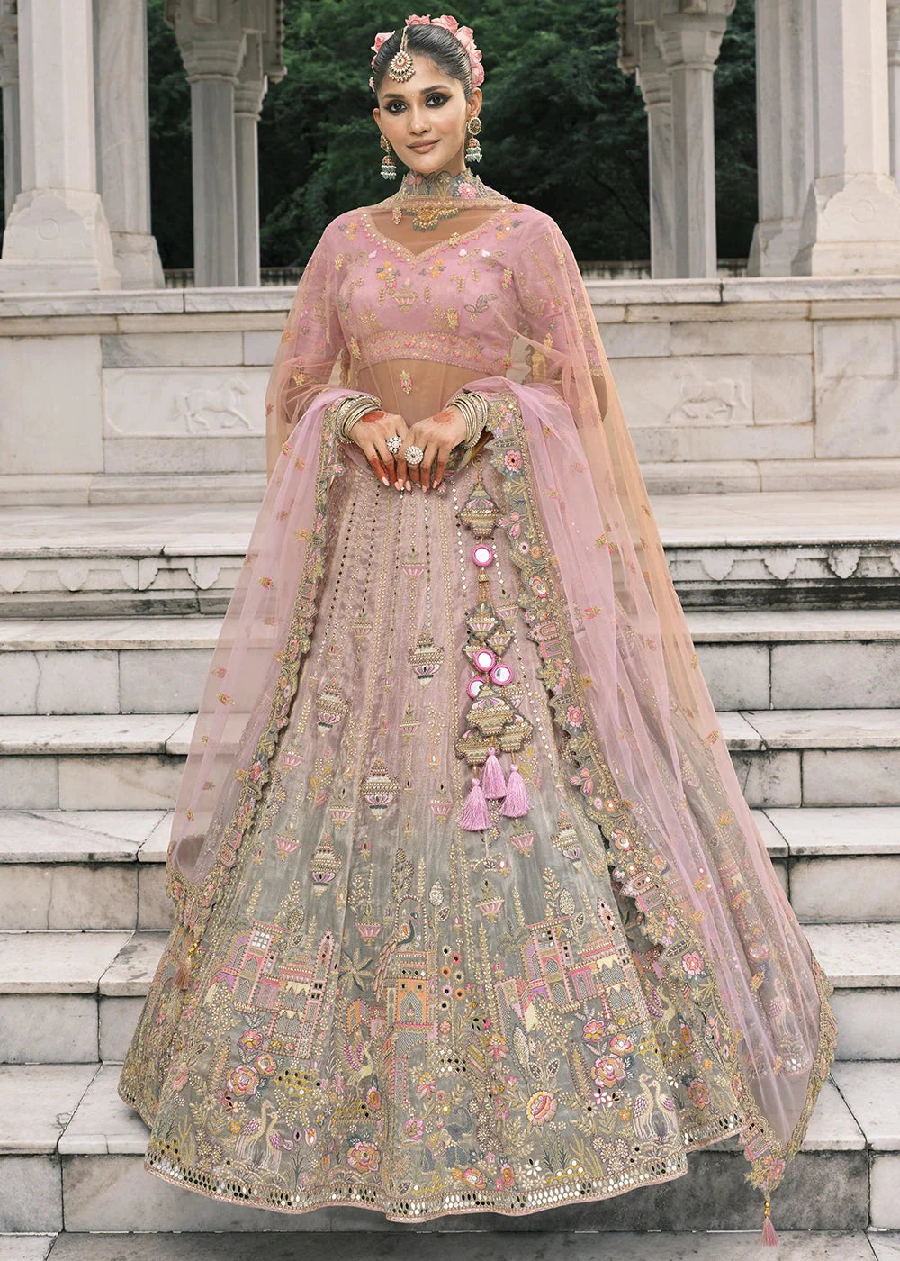 Pink & Gray Heavy Embroidered Mirror, Sequins & Stone Work Semi Stitched Lehenga Choli