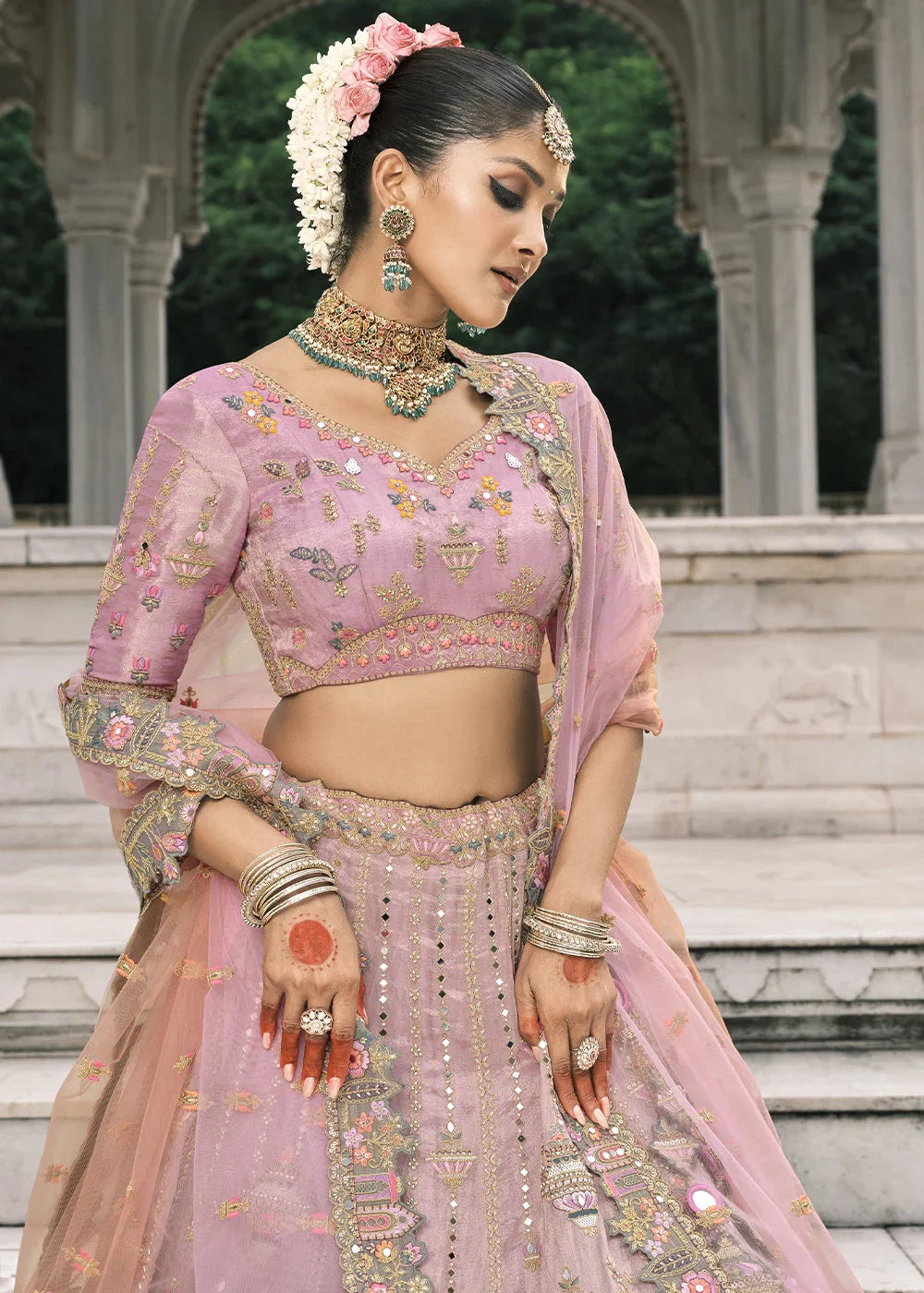 Pink & Gray Heavy Embroidered Mirror, Sequins & Stone Work Semi Stitched Lehenga Choli