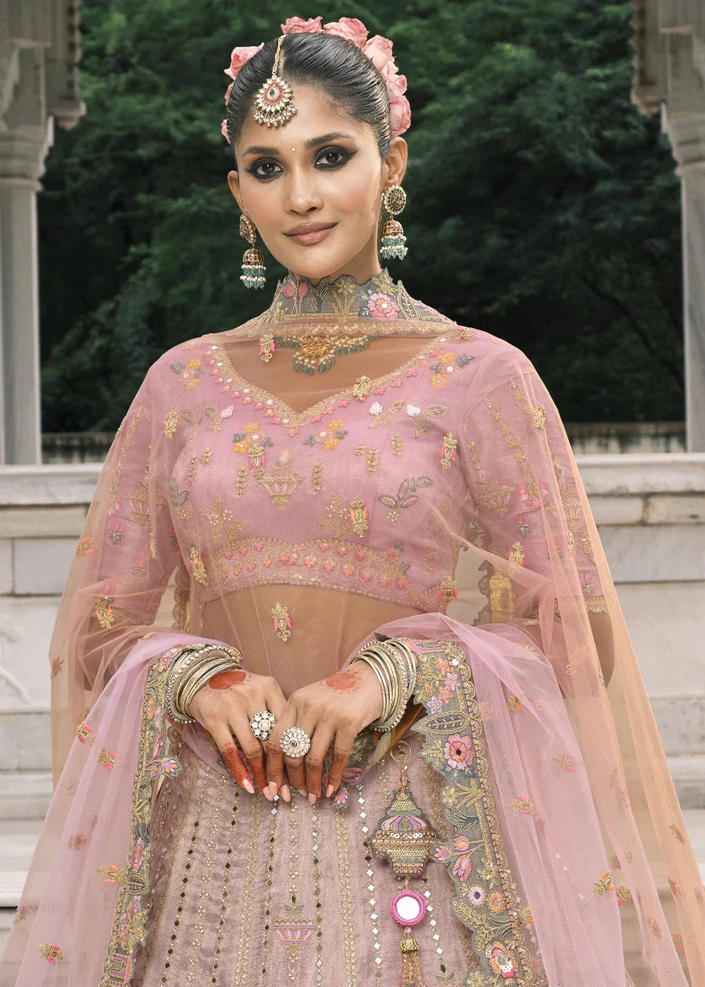 Pink & Gray Heavy Embroidered Mirror, Sequins & Stone Work Semi Stitched Lehenga Choli