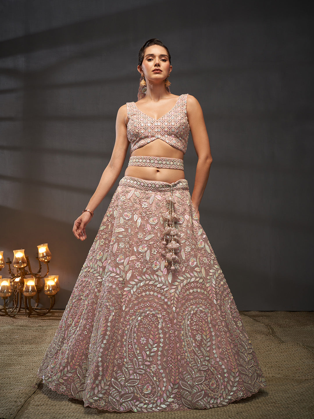 Pink - Multi Sequins Heavy Zarkan Net Embroidered Semi-Stitched Bridal Lehenga choli - qivii