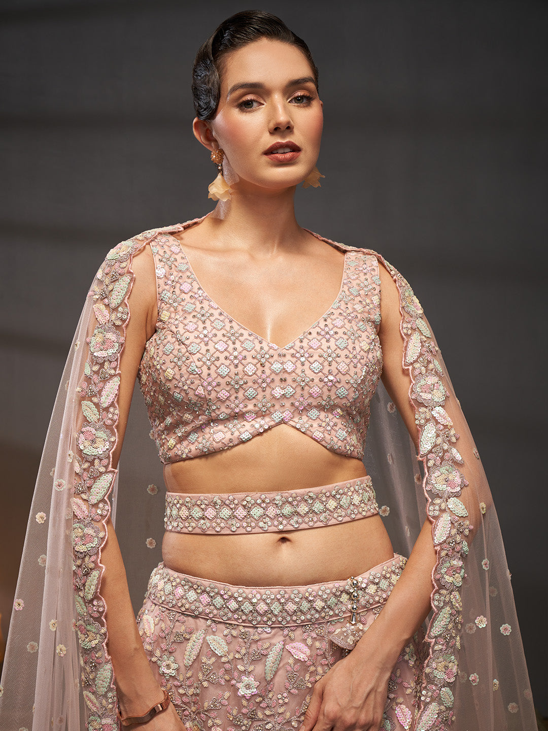 Pink - Multi Sequins Heavy Zarkan Net Embroidered Semi-Stitched Bridal Lehenga choli - qivii