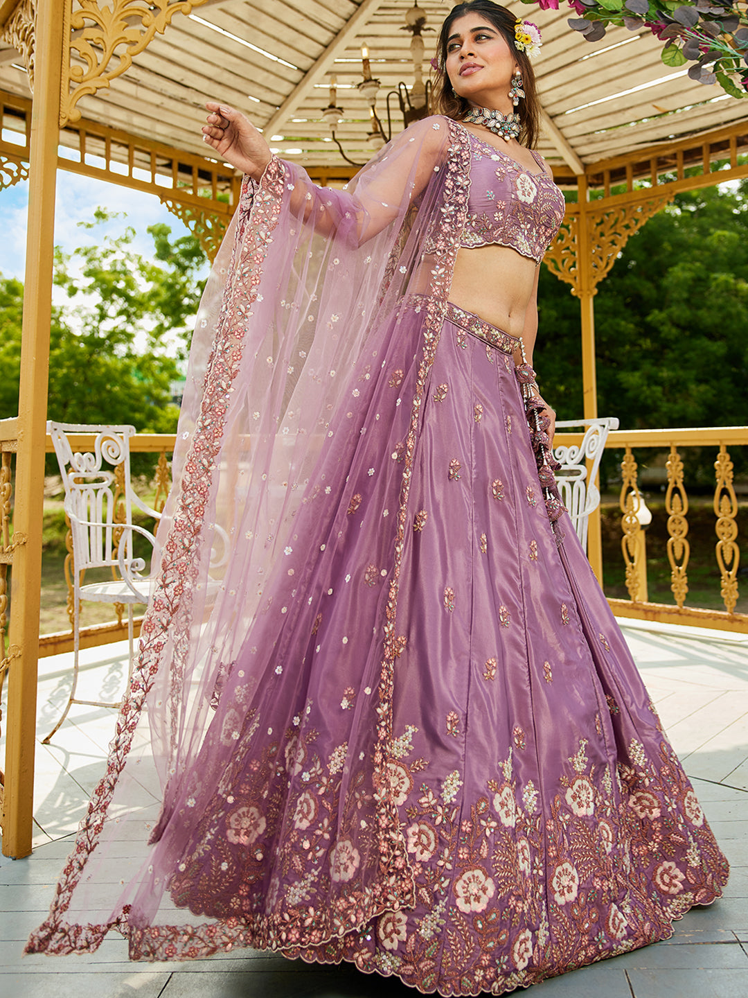 Rosegold - Satin Sequinse embroidery Semi-Stitched Lehenga choli & Dupatta - qivii