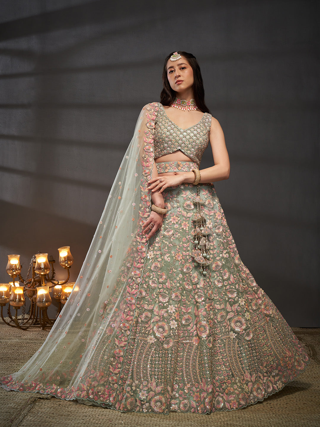 Seagreen - Multi Sequins Embroidered Net Semi-Stitched Bridal Lehenga choli - qivii