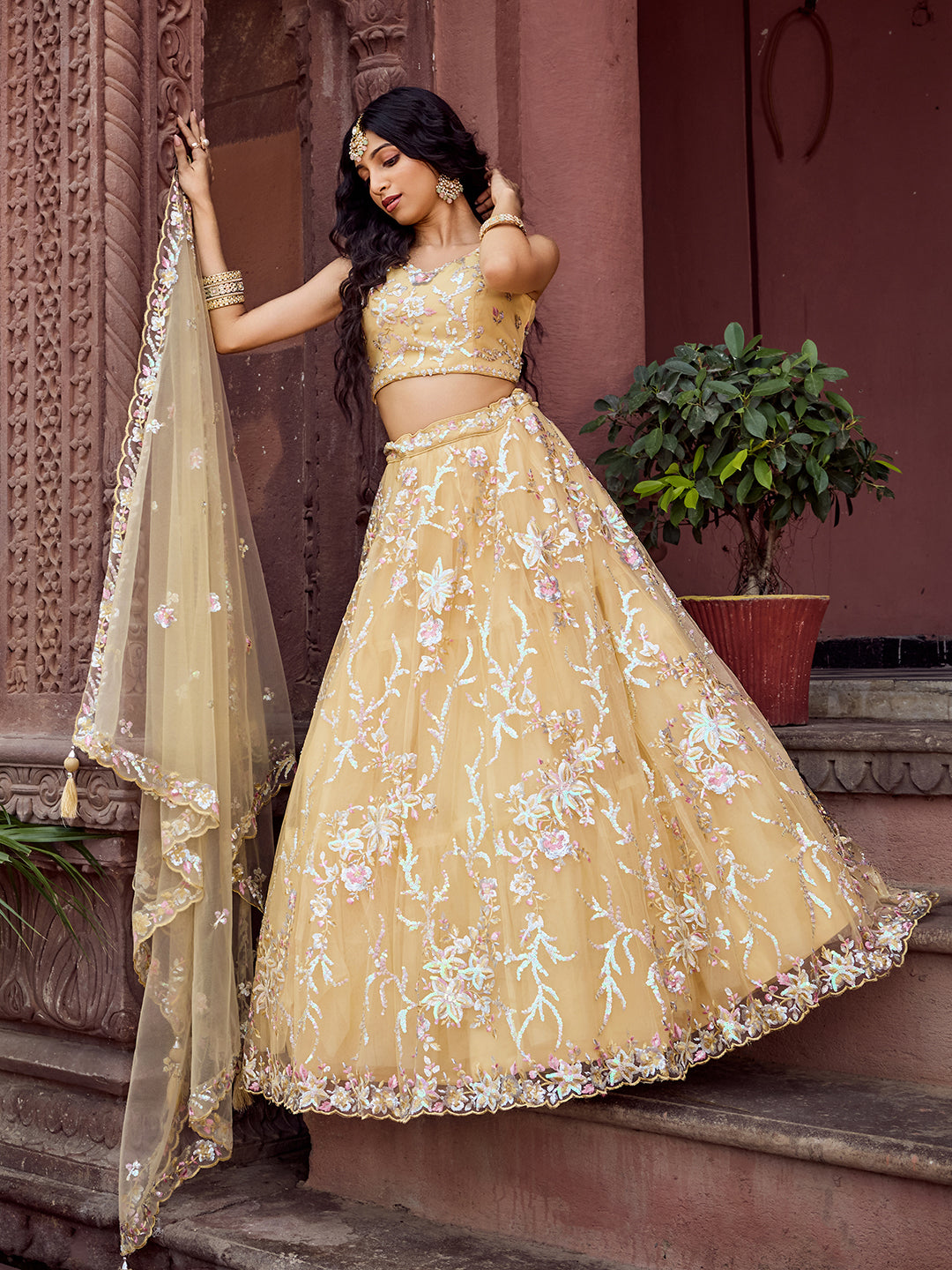 YELLOW - Net Fabric Sequins embroidery Semi-Stitched Lehenga & Unstitched Blouse With Dupatta