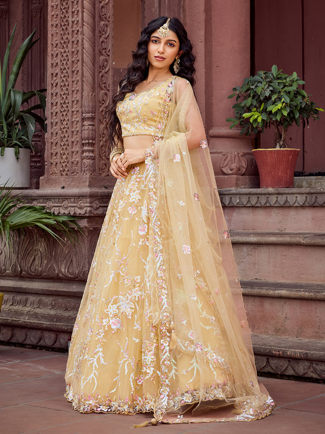 YELLOW - Net Fabric Sequins embroidery Semi-Stitched Lehenga & Unstitched Blouse With Dupatta