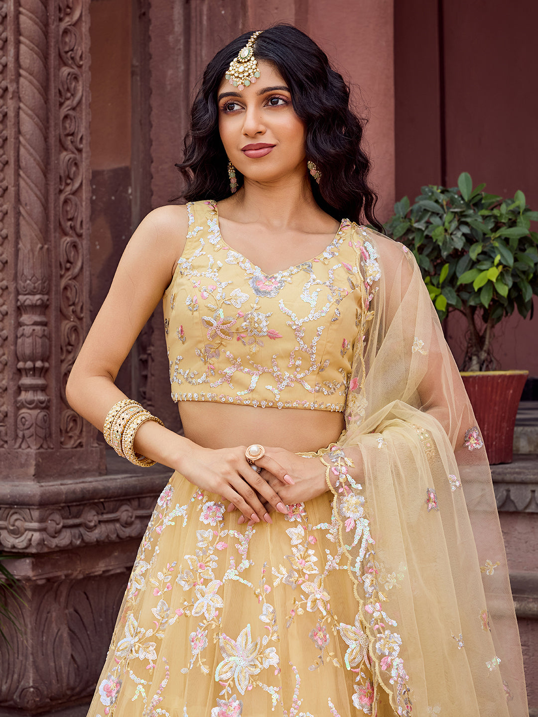 YELLOW - Net Fabric Sequins embroidery Semi-Stitched Lehenga & Unstitched Blouse With Dupatta