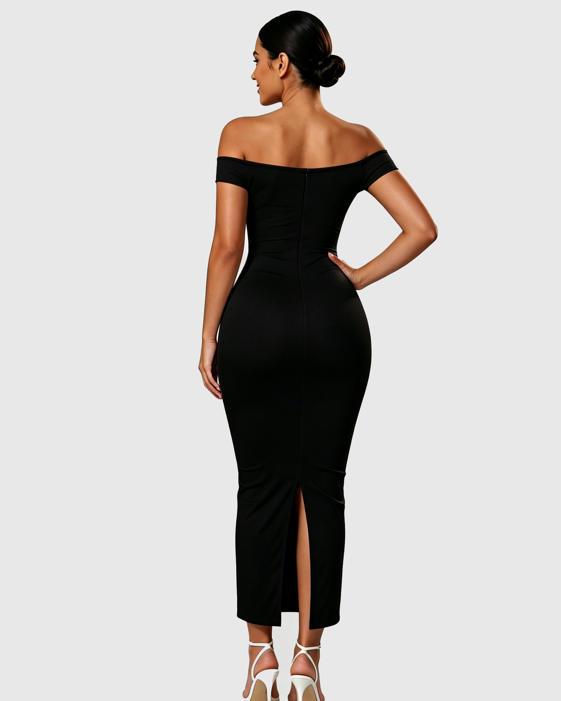 Off Shoulder Ruched Bust Bodycon Maxi Dress with Back Slit  - By Qivii