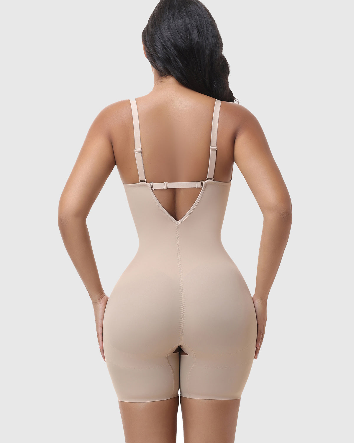Deep V Adjustable Strap Crotch Closure Mid Thigh Bodysuit Full Body Shapewear