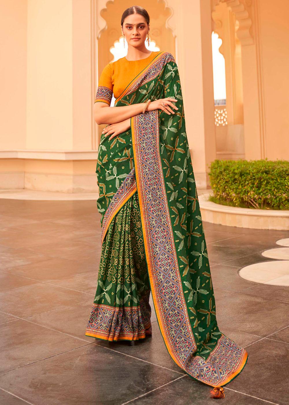 Hunter Green Patola Print Georgette Silk Saree | Stitched Blouse - qivii