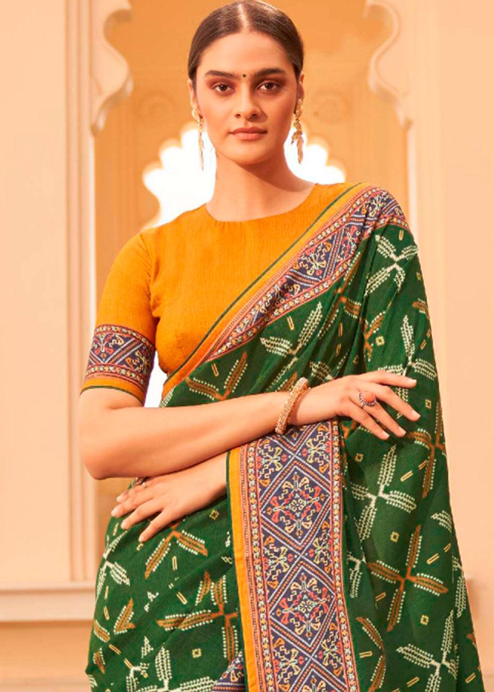 Hunter Green Patola Print Georgette Silk Saree | Stitched Blouse - qivii