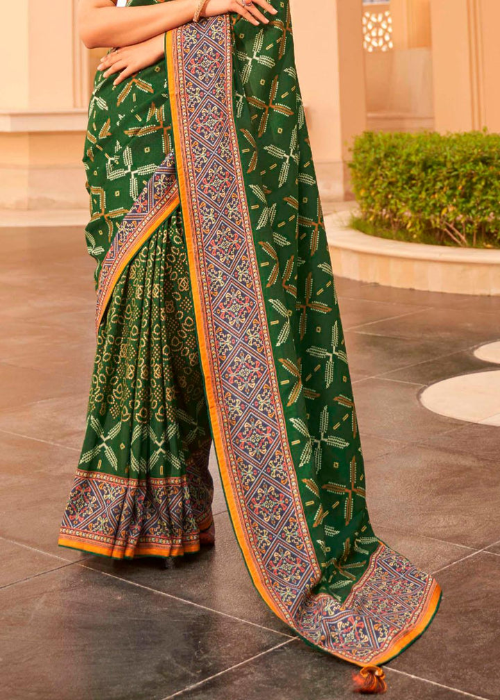 Hunter Green Patola Print Georgette Silk Saree | Stitched Blouse - qivii