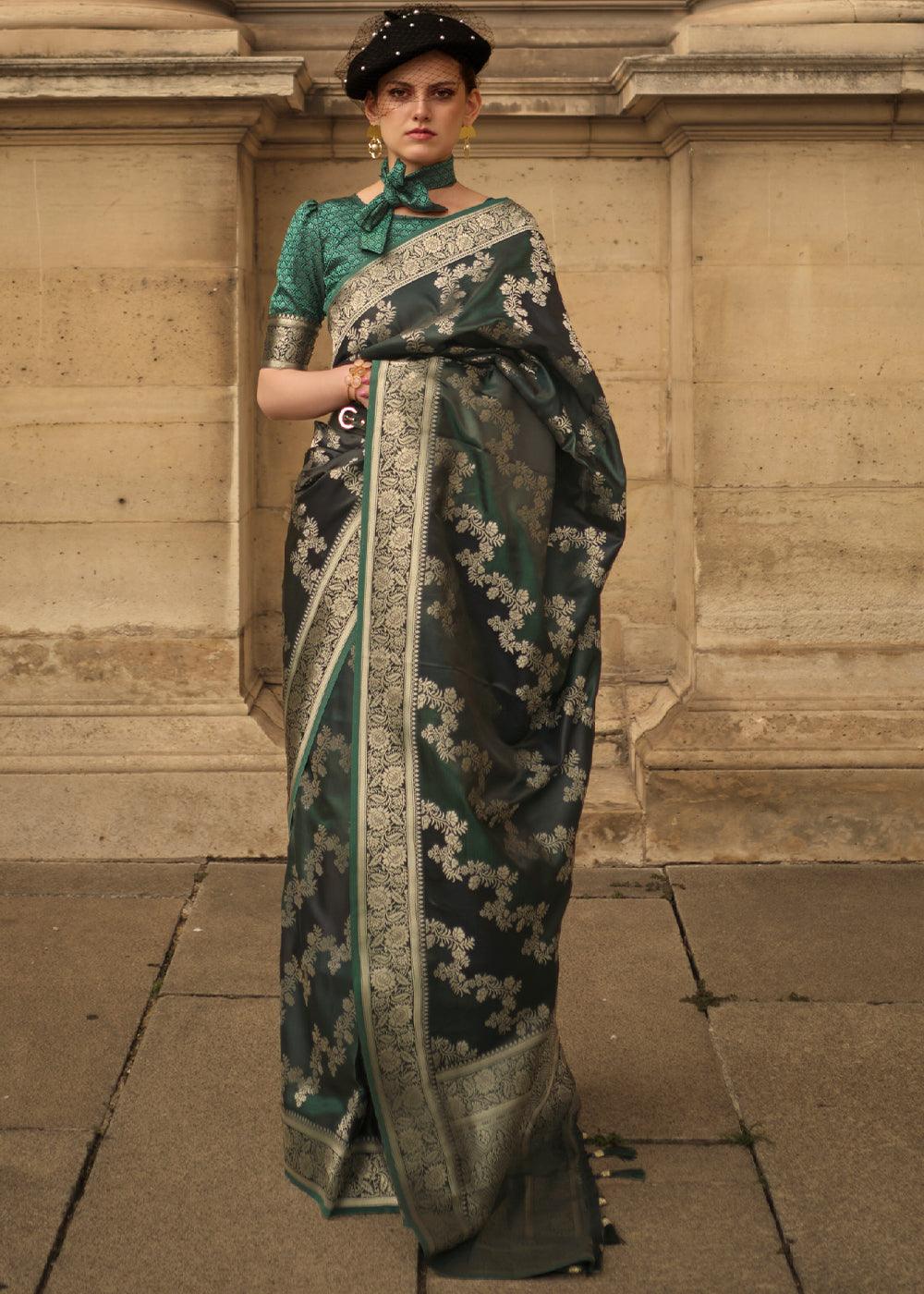 Hunter Green Woven Rangkat Satin Silk Saree - qivii