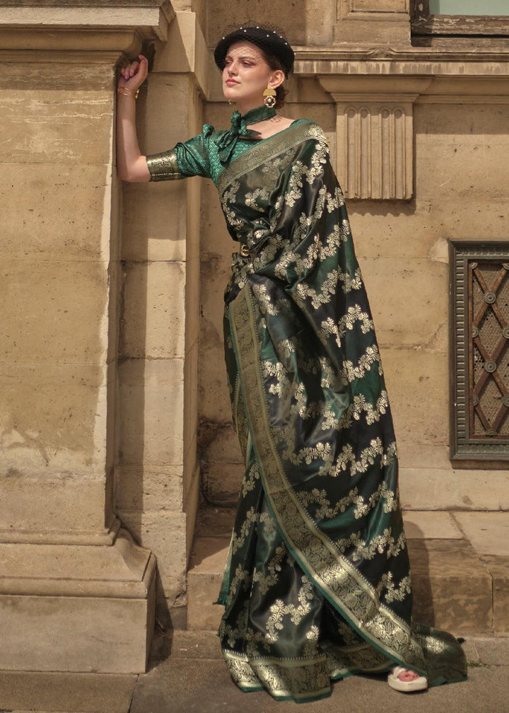 Hunter Green Woven Rangkat Satin Silk Saree - qivii