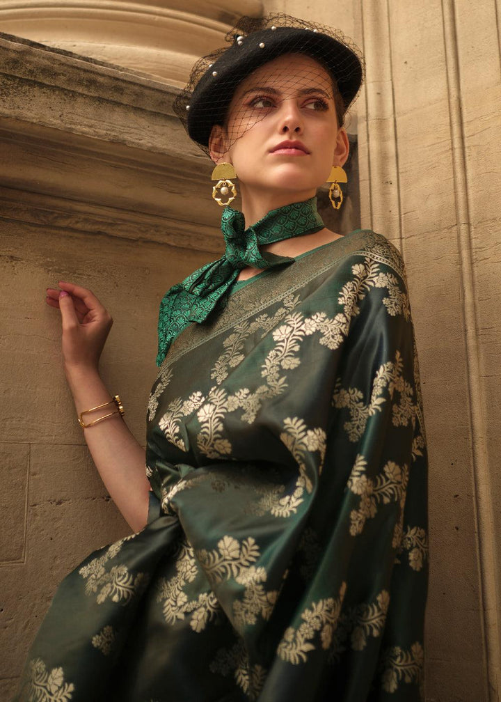 Hunter Green Woven Rangkat Satin Silk Saree - qivii