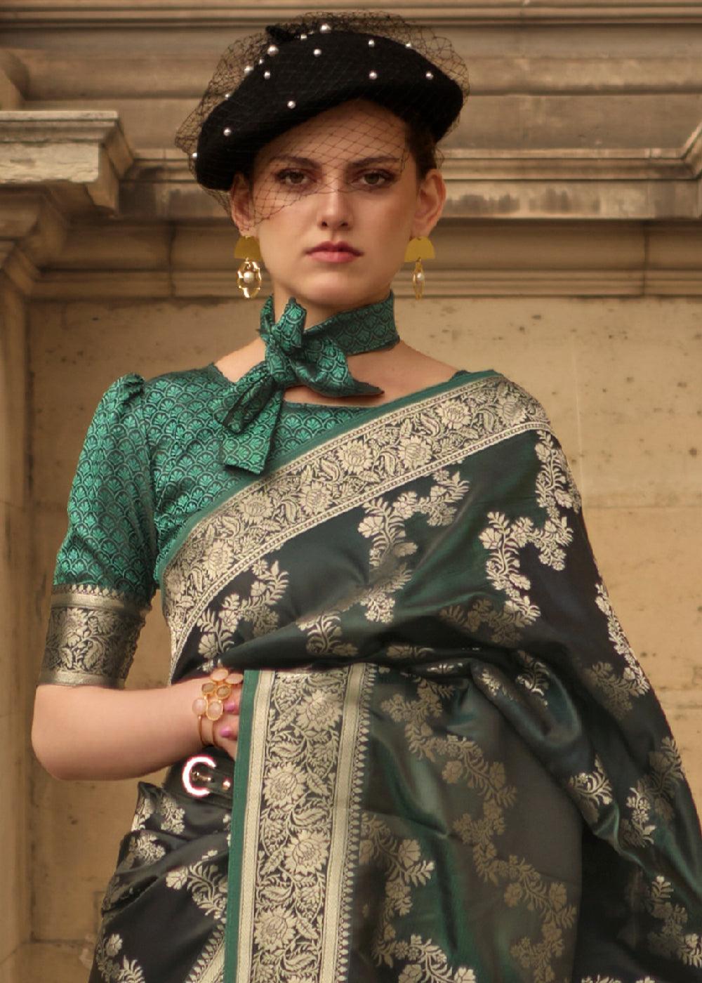 Hunter Green Woven Rangkat Satin Silk Saree - qivii