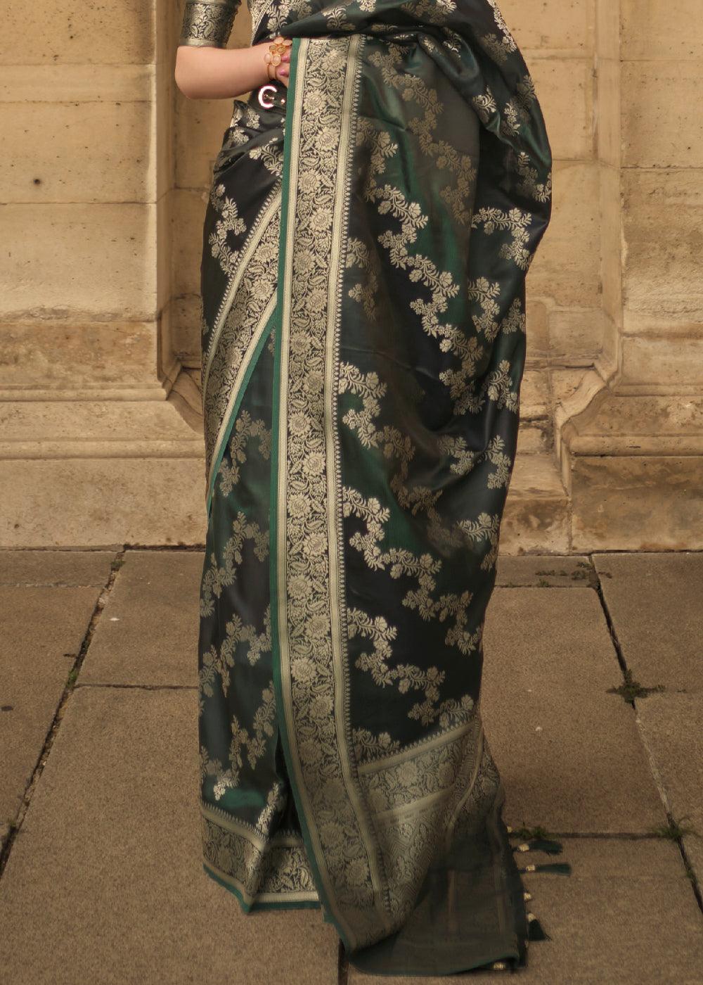 Hunter Green Woven Rangkat Satin Silk Saree - qivii