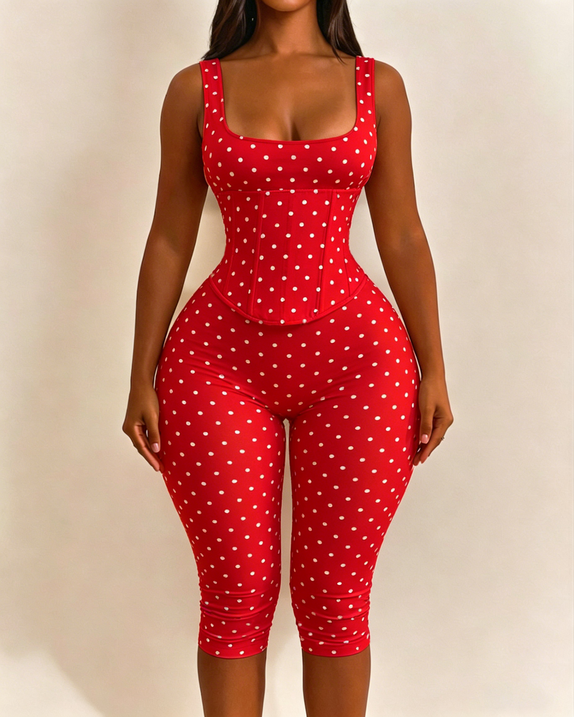 Polka Dot Square Neck Capri Jumpsuit with Hourglass Detachable Corset Two-Piece Set  - By Qivii