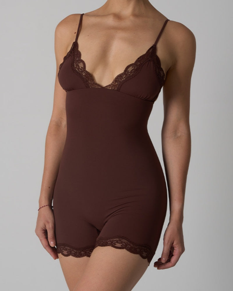 Triangle Cup Seamless Suspenders Shapewear Bodysuit With Lace Trim  - By Qivii