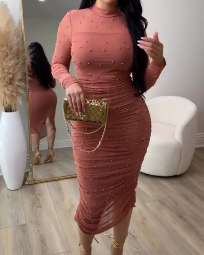 Elegant Mesh Paneled Ruched Bodycon Midi Dress with Mock Neck  - By Qivii