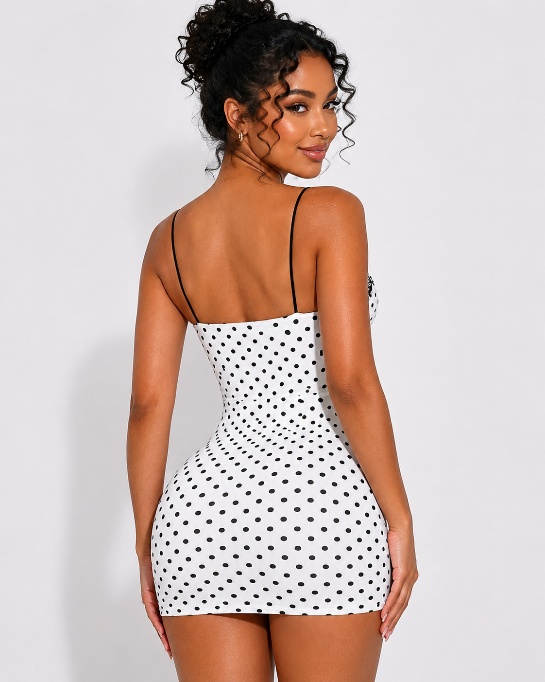 Polka Dot Lace Trim Thin Strap Bodycon Mini Dress  - By Qivii
