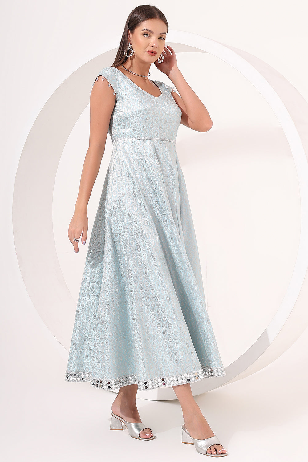 Ice-Blue Brocade Anarkali Gown