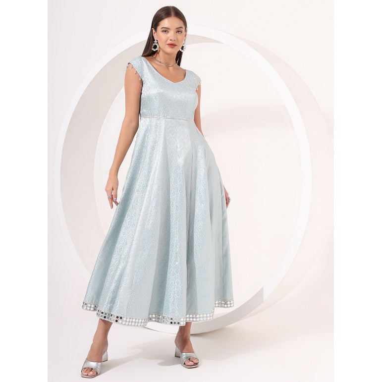 Ice-Blue Brocade Anarkali Gown - qivii