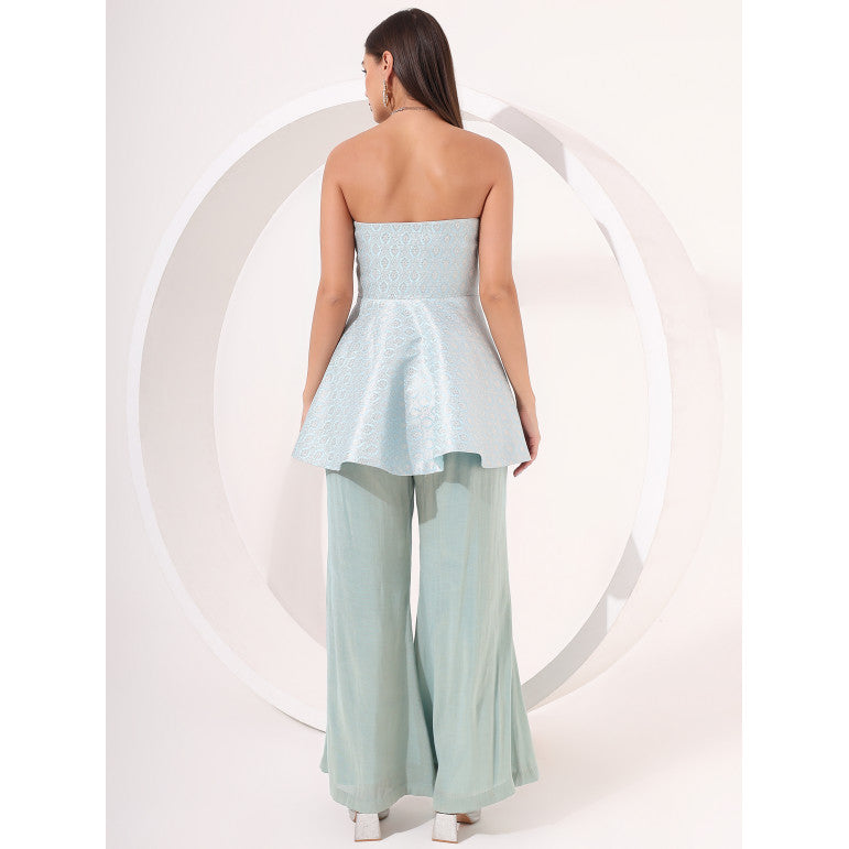 Ice Blue Strapless Brocade Peplum Set - qivii