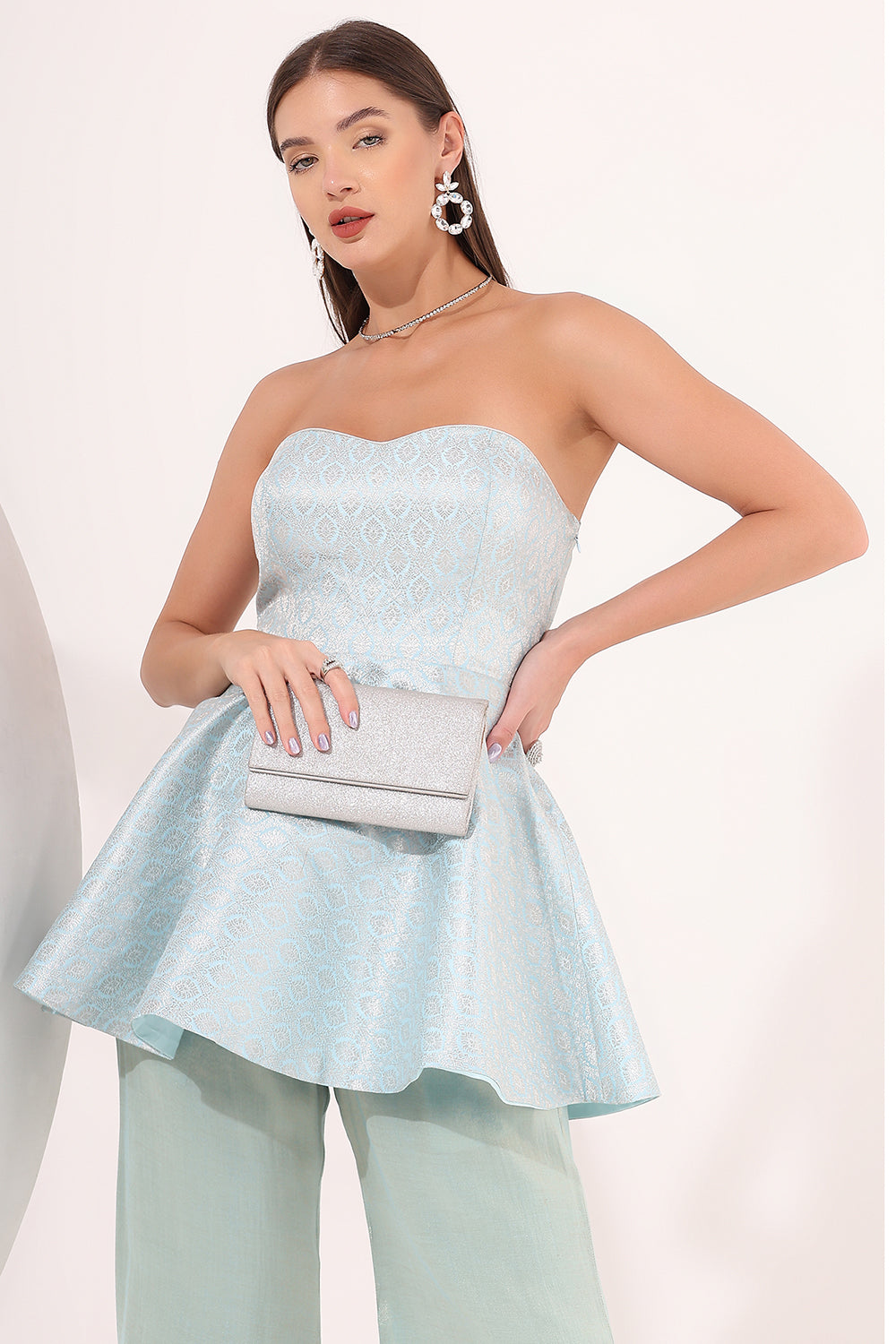 Ice Blue Strapless Brocade Peplum Set