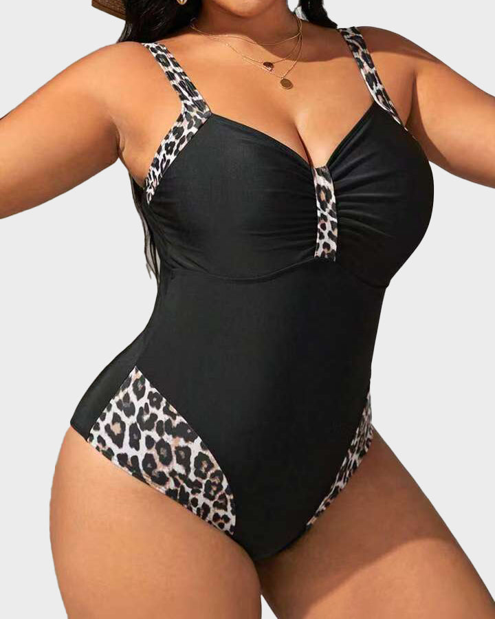 Leopard Patchwork Ruched V Neck Wide Strap One Piece Swimsuit  - By Qivii