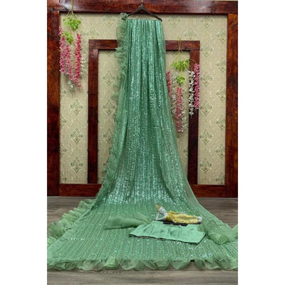 Designer Green Sequins Ruffle Saree, Indian Wedding Party Wear Reception Wear Saree, Readymade Stitched Blouse Saree  - INSPIRED