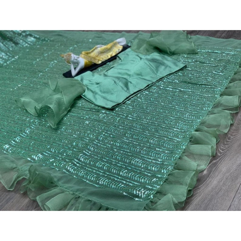 Designer Green Sequins Ruffle Saree, Indian Wedding Party Wear Reception Wear Saree, Readymade Stitched Blouse Saree  - INSPIRED