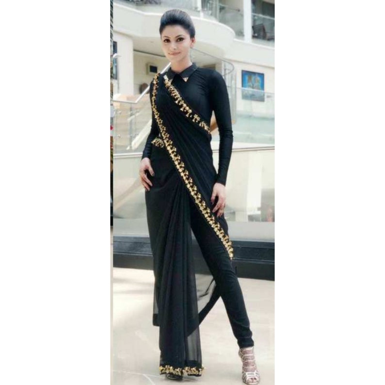 Black Designer Ready To Wear Saree, Indian Wedding Reception Cocktail Party Wear Saree, Readymade Stitched Pants Saree, Bollywood Saree  - INSPIRED
