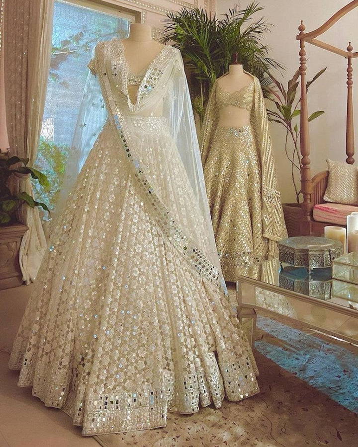 White Georgette Heavy Sequence Embroidery Work & Real Mirror Lehenga Choli with soft net dupatta Indian trendz mumbai style party wear  - INSPIRED