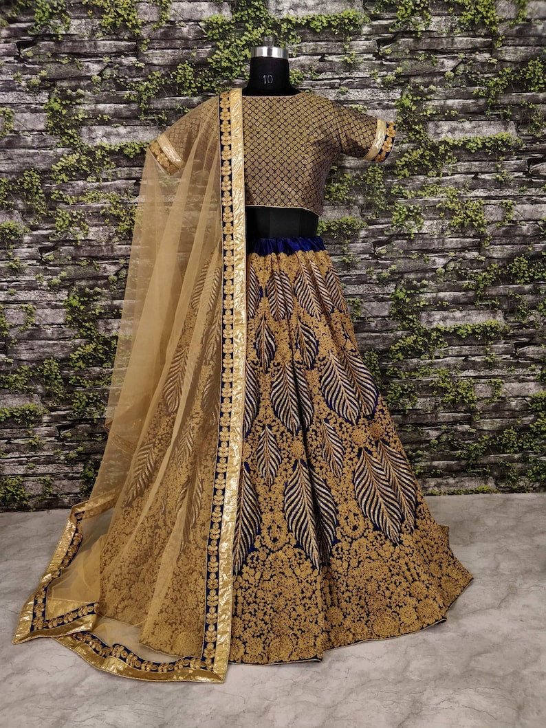 Navy Blue Silk velvet lehenga Choli with Dori & Badla embroidery work party wear lehenga,bollywood style for indian women custom made  - INSPIRED