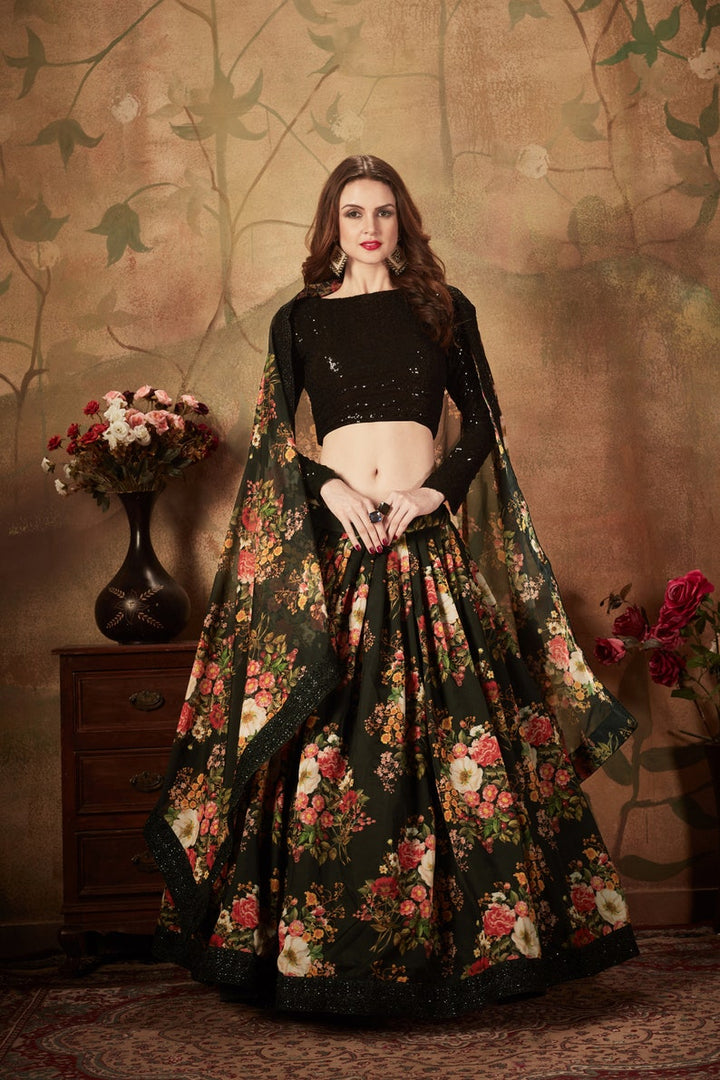 Sbyasachi Black lehenga Choli with Digital Print Dori, Zari and Sequins Embroidery Work& nett dupatta, new indian custom made women wear  - INSPIRED